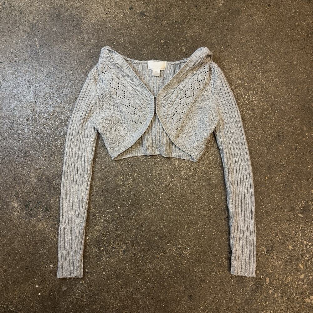 Vintage American Eagle Gray Cable Knit Hooded Cropped Cardigan Shrug M